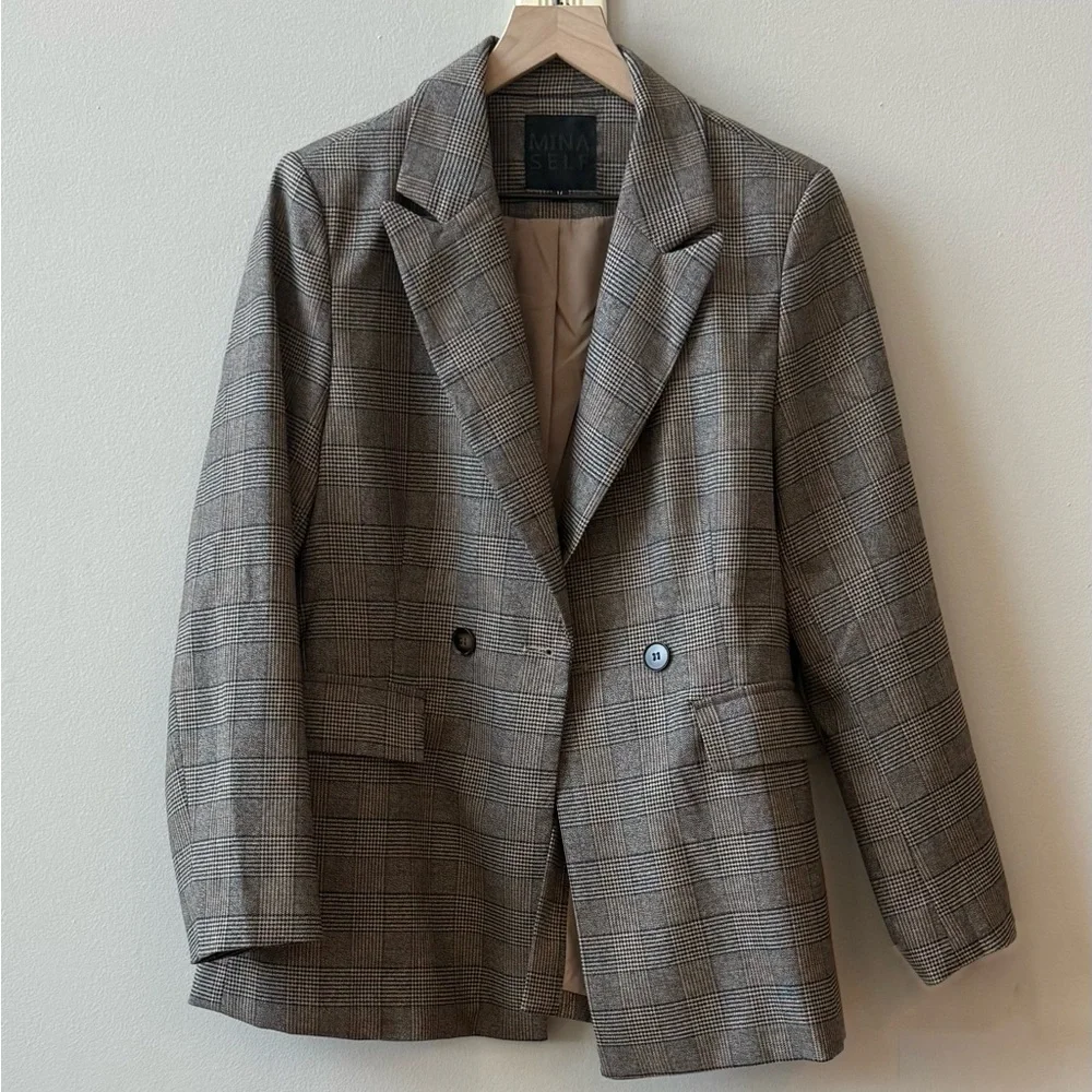 Plaid Double-Breasted Blazer in Brown Plaid - Picture 1 of 3